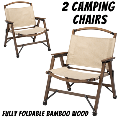 2x Bamboo Foldable Outdoor Camping Chair Wooden Travel Picnic Park Folding - Khaki/Beige Payday Deals