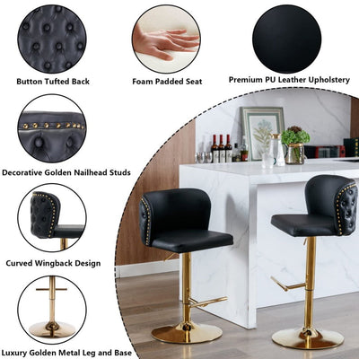 2x Faux Leather Golden Base Swivel Bar Stools- Black Payday Deals