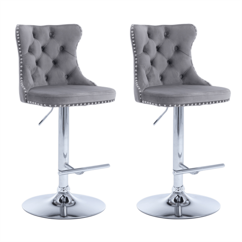 2x Height Adjustable Swivel Bar Stool Velvet Stud Barstool with Footrest and Chromed Base- Gray Payday Deals