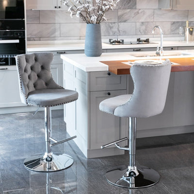 2x Height Adjustable Swivel Bar Stool Velvet Stud Barstool with Footrest and Chromed Base- Gray Payday Deals