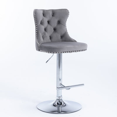 2x Height Adjustable Swivel Bar Stool Velvet Stud Barstool with Footrest and Chromed Base- Gray Payday Deals