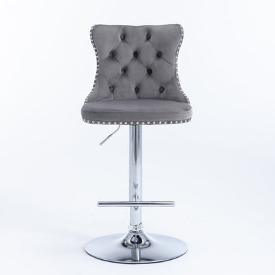 2x Height Adjustable Swivel Bar Stool Velvet Stud Barstool with Footrest and Chromed Base- Gray Payday Deals