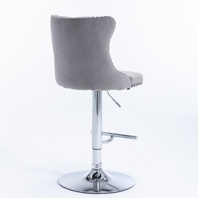 2x Height Adjustable Swivel Bar Stool Velvet Stud Barstool with Footrest and Chromed Base- Gray Payday Deals