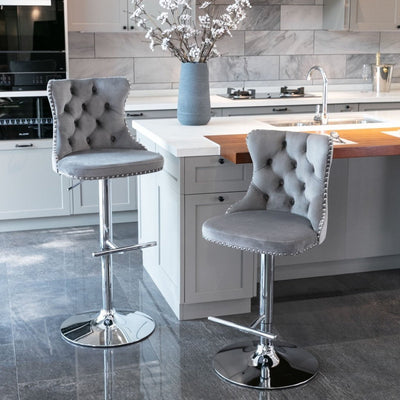 2x Height Adjustable Swivel Bar Stool Velvet Stud Barstool with Footrest and Chromed Base- Gray Payday Deals