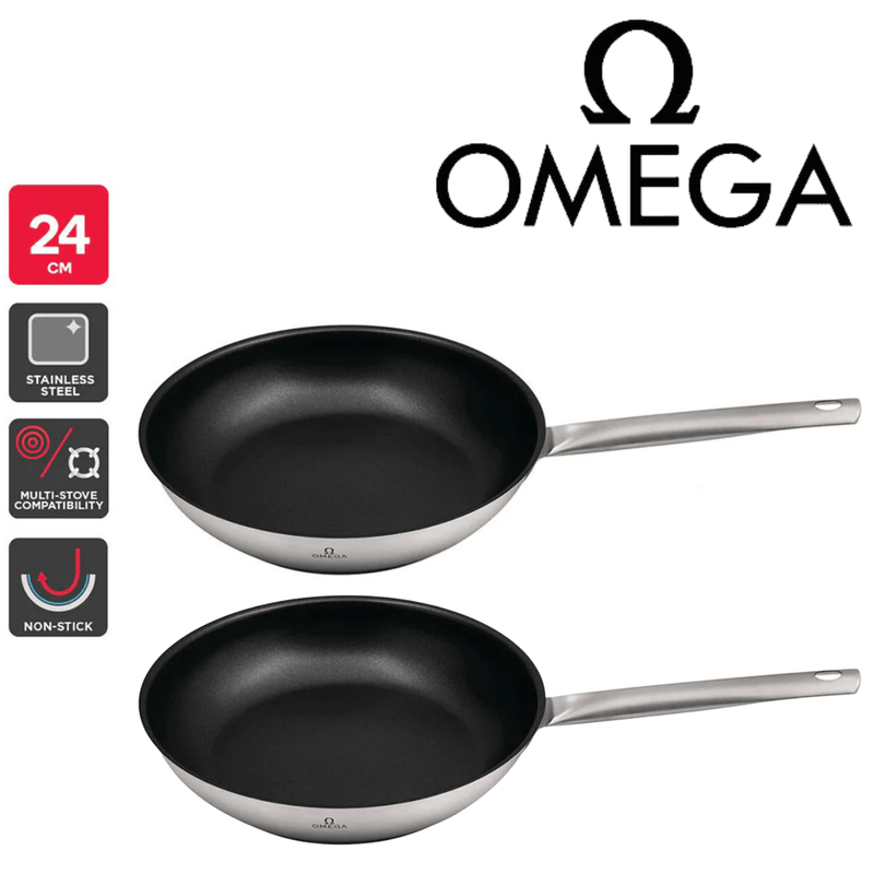 2x Omega Non-Stick Fry Pan 24cm (18/10 Stainless Steel) Frying 1880 Collection Payday Deals
