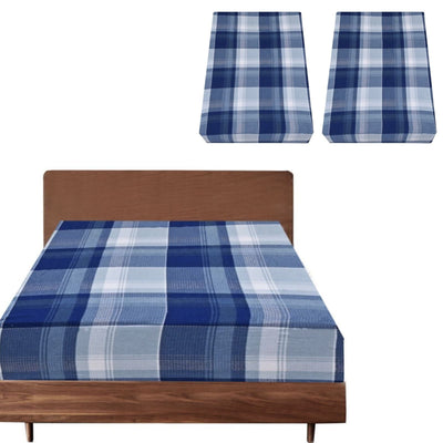2x Queen Luxury 100% Cotton Flannelette Fitted Bed Sheet - Blue Check Print Payday Deals