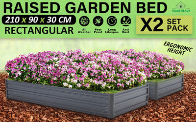 2X Raised Garden Bed Galvanised Steel Planter 210 x 90 x 30cm GREY Payday Deals