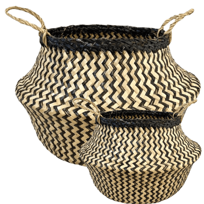 2x ROUND BELLY SEAGRASS STORAGE BASKET Natural Straw Folding - Chevron Black/Natural Payday Deals