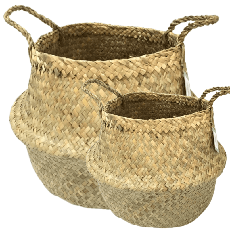 2x ROUND BELLY SEAGRASS STORAGE BASKET Natural Straw Folding Home Flower Pot Wicker Payday Deals