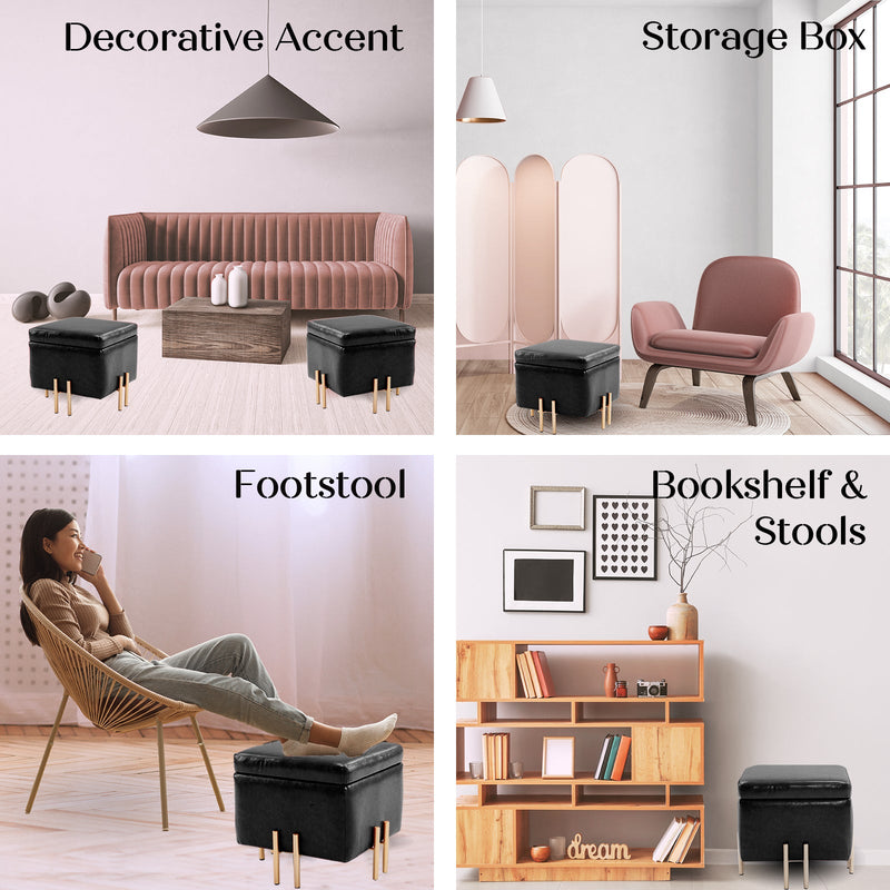 2X Storage Ottoman Foot Stool Cube Tuffet Seat 45cm PU Leather BLACK Payday Deals