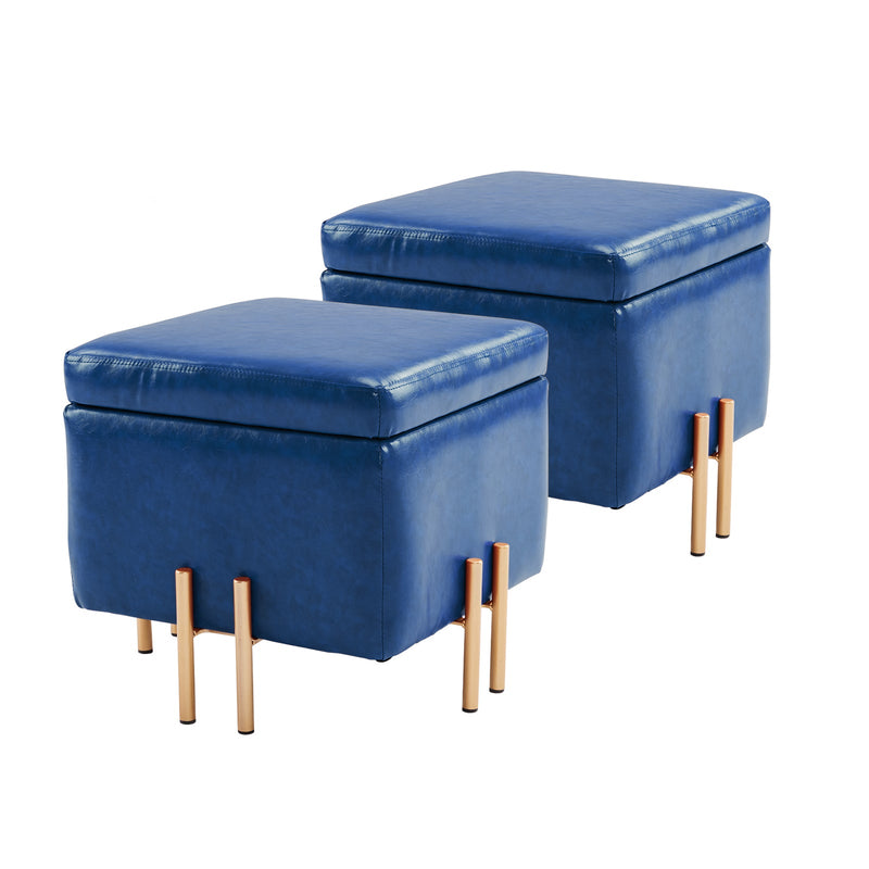 2X Storage Ottoman Foot Stool Cube Tuffet Seat 45cm PU Leather BLUE Payday Deals