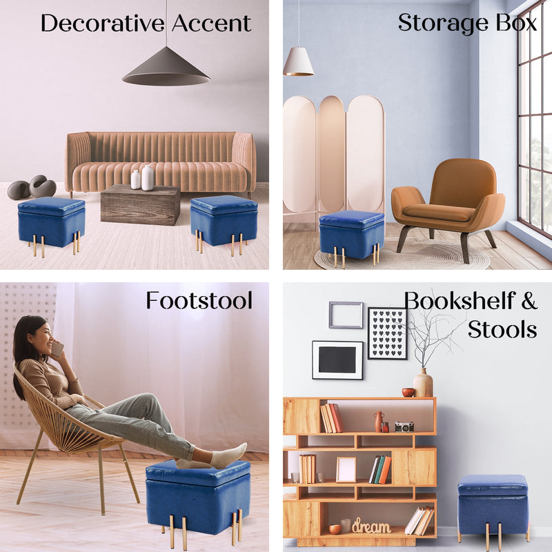 2X Storage Ottoman Foot Stool Cube Tuffet Seat 45cm PU Leather BLUE Payday Deals