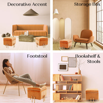 2X Storage Ottoman Foot Stool Cube Tuffet Seat 45cm PU Leather LIGHT BROWN Payday Deals