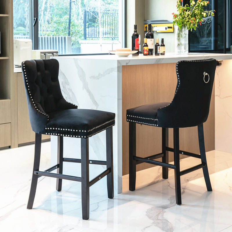 2X Velvet Bar Stools with Studs Trim Wooden Legs Tufted Dining Chairs Kitchen Payday Deals