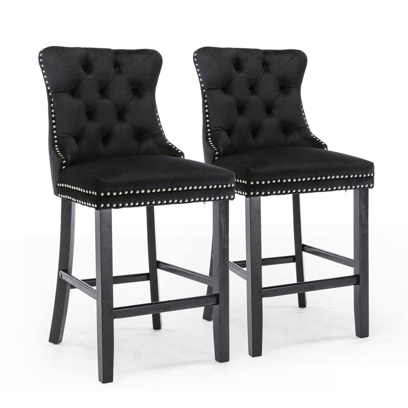 2X Velvet Bar Stools with Studs Trim Wooden Legs Tufted Dining Chairs Kitchen Payday Deals