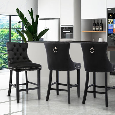 2X Velvet Bar Stools with Studs Trim Wooden Legs Tufted Dining Chairs Kitchen Payday Deals