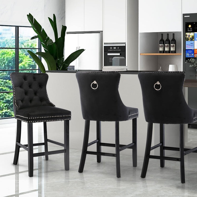 2X Velvet Bar Stools with Studs Trim Wooden Legs Tufted Dining Chairs Kitchen Payday Deals