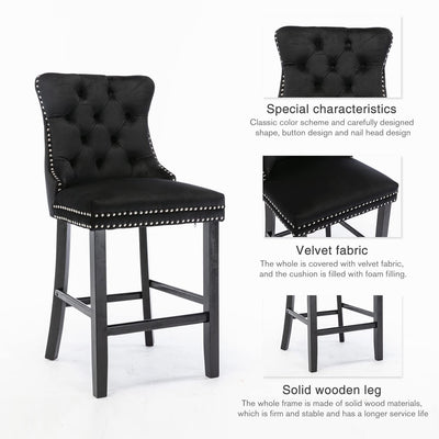 2X Velvet Bar Stools with Studs Trim Wooden Legs Tufted Dining Chairs Kitchen Payday Deals