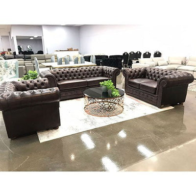 3+2+1 Seater Genuine Leather Upholstery Deep Quilting Pocket Spring Button Studding Sofa Lounge Set for Living Room Couch In Brown Colour Payday Deals