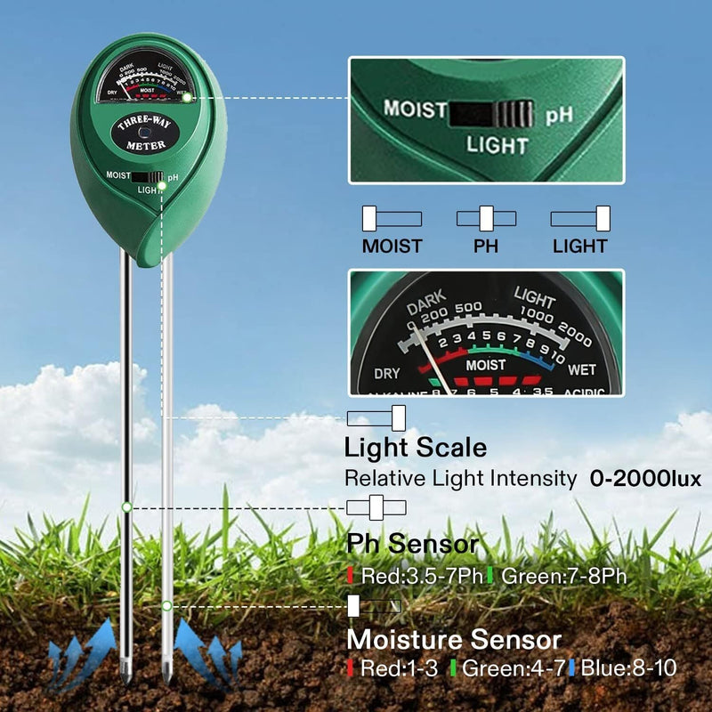 3 in 1 Soil Moisture Meter Sunlight PH Sensor Lawn Plant Hygrometer Test Payday Deals