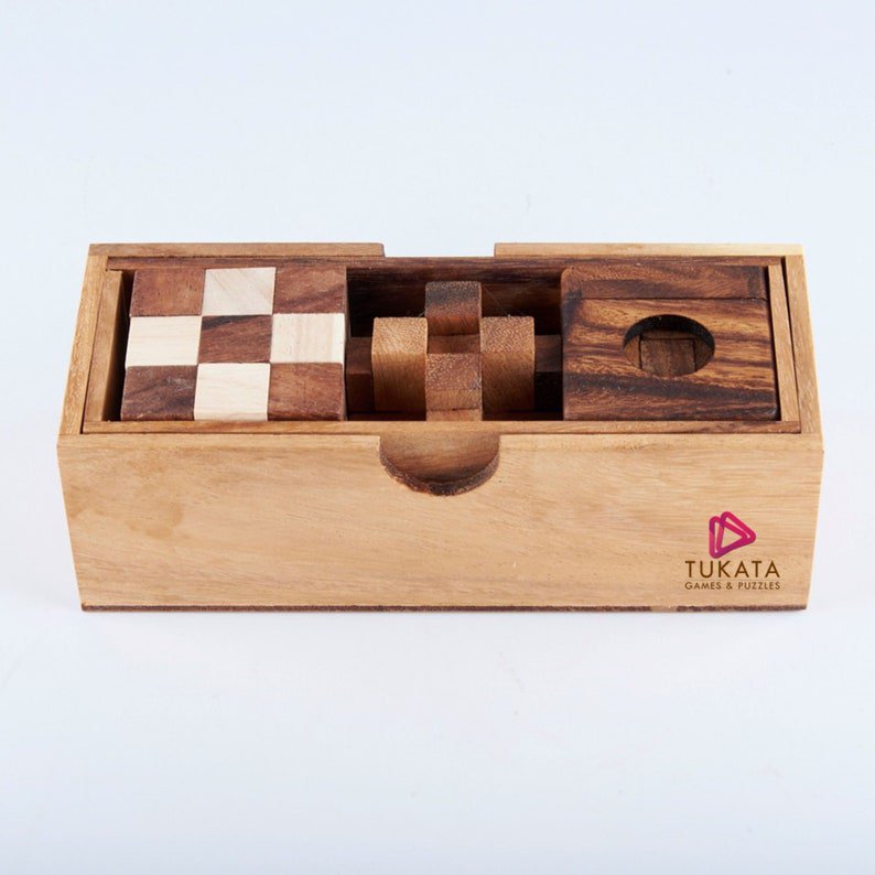 3 individual brainteaser wooden puzzles in a gift wooden box Payday Deals