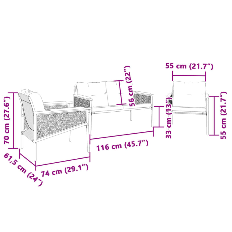 3 Piece Balcony Furniture Set with Cushions Black Steel Payday Deals