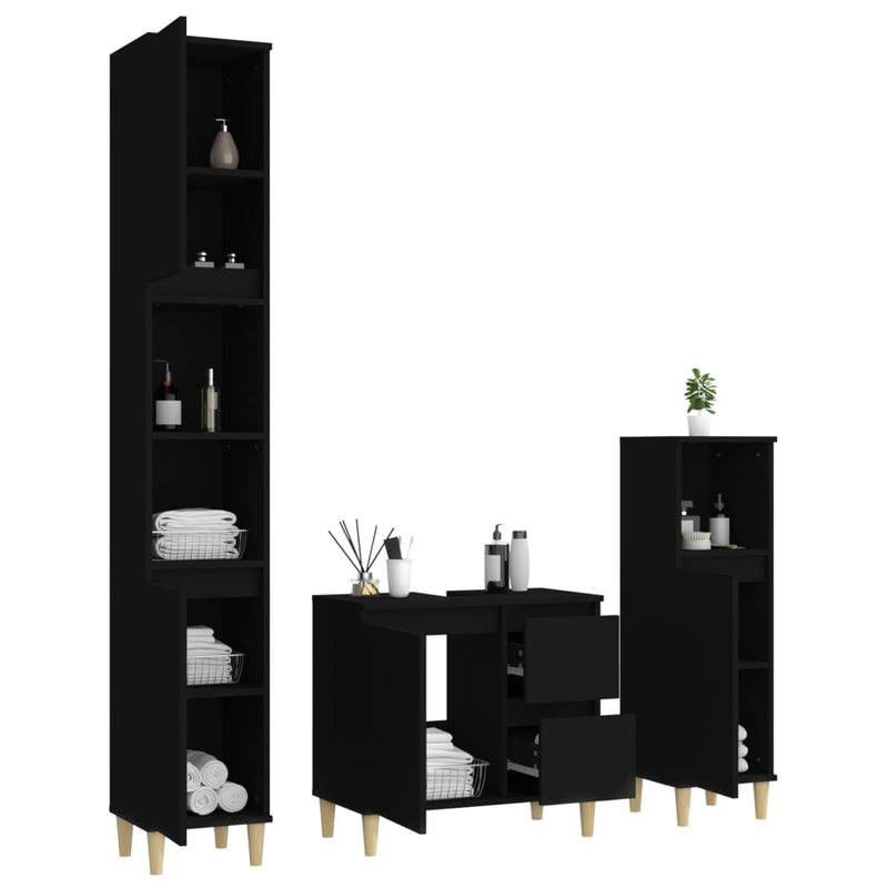 3 Piece Bathroom Cabinet Set Black Engineered Wood Payday Deals