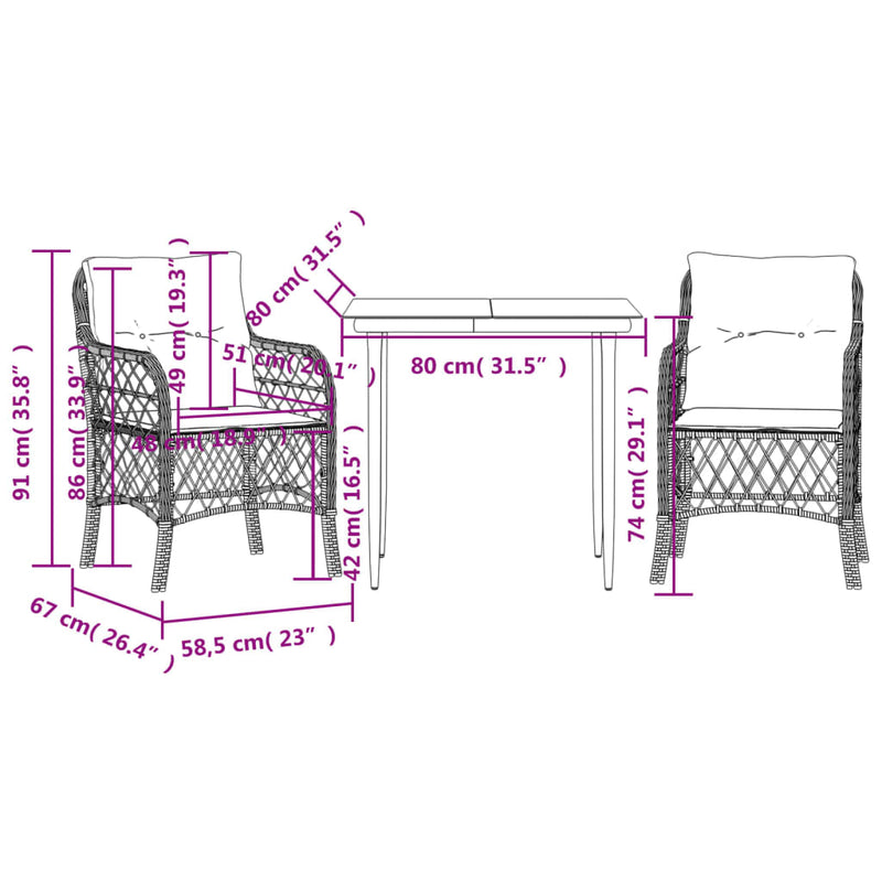 3 Piece Bistro Set with Cushions Black Poly Rattan Payday Deals