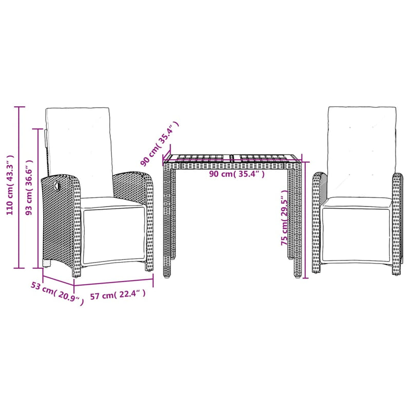 3 Piece Bistro Set with Cushions Black Poly Rattan Payday Deals