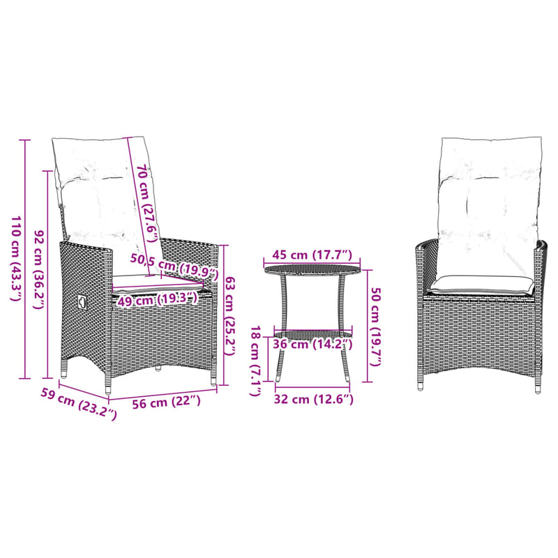 3 Piece Bistro Set with Cushions Black Poly Rattan Payday Deals