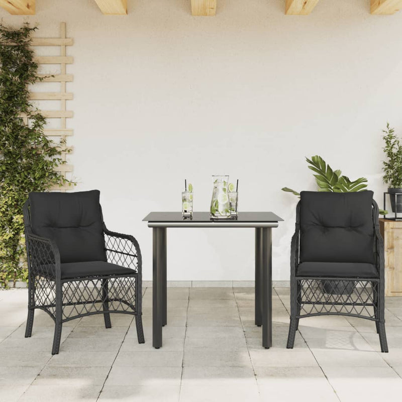 3 Piece Bistro Set with Cushions Black Poly Rattan Payday Deals