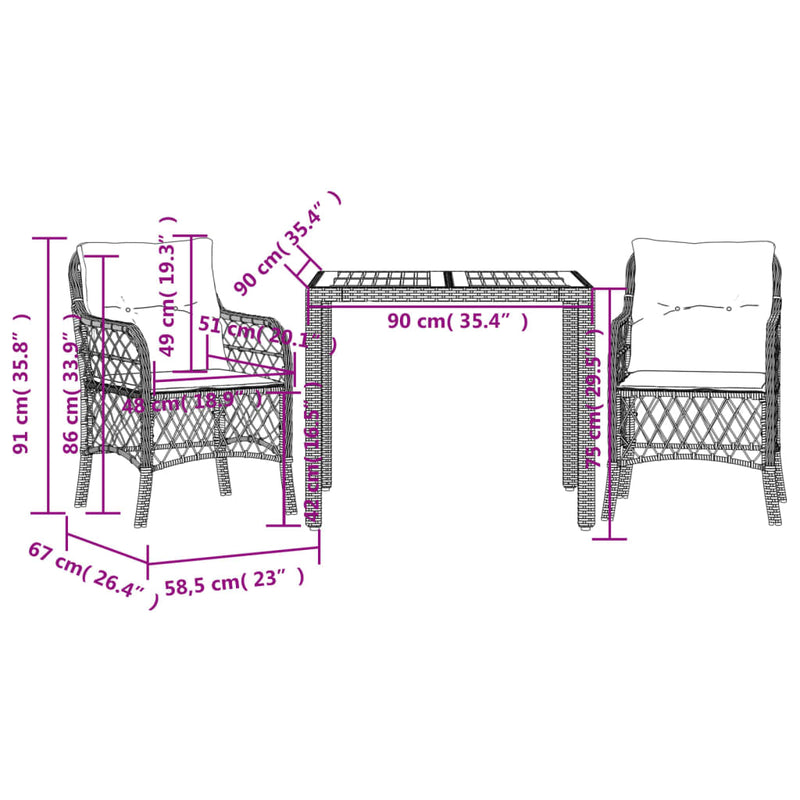3 Piece Bistro Set with Cushions Black Poly Rattan Payday Deals