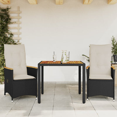 3 Piece Bistro Set with Cushions Black Poly Rattan