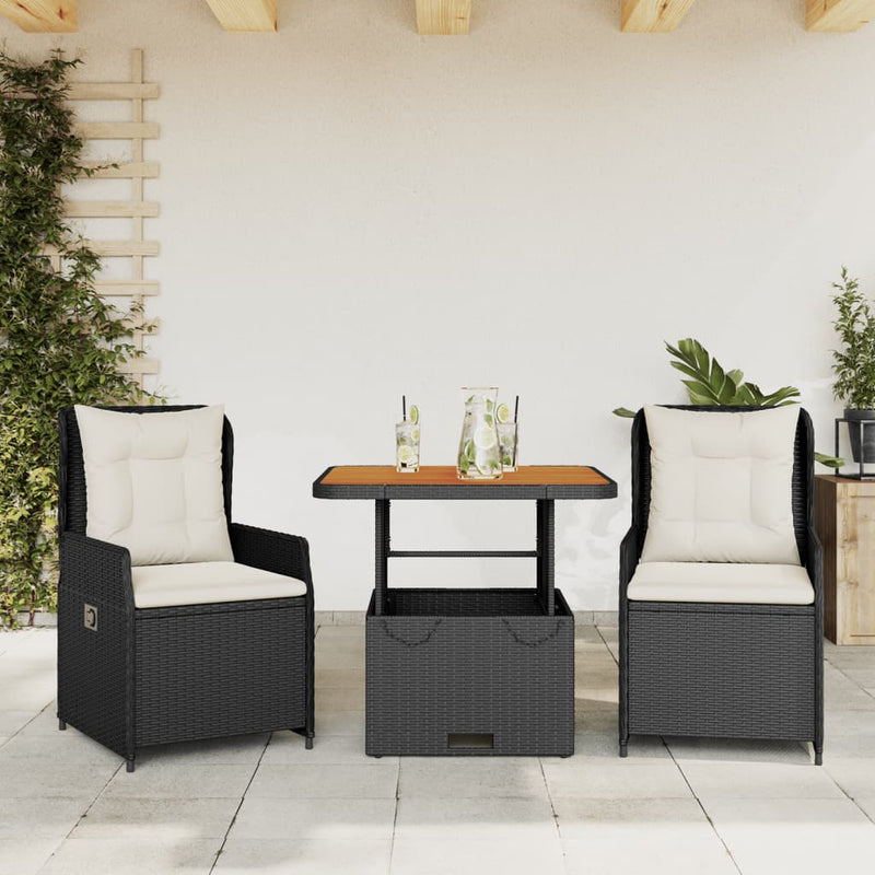 3 Piece Bistro Set with Cushions Black Poly Rattan Payday Deals