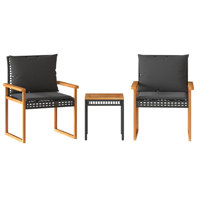 3 Piece Bistro Set with Cushions Black Poly Rattan Acacia Wood Payday Deals