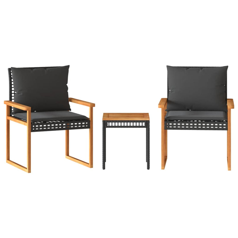 3 Piece Bistro Set with Cushions Black Poly Rattan Acacia Wood Payday Deals