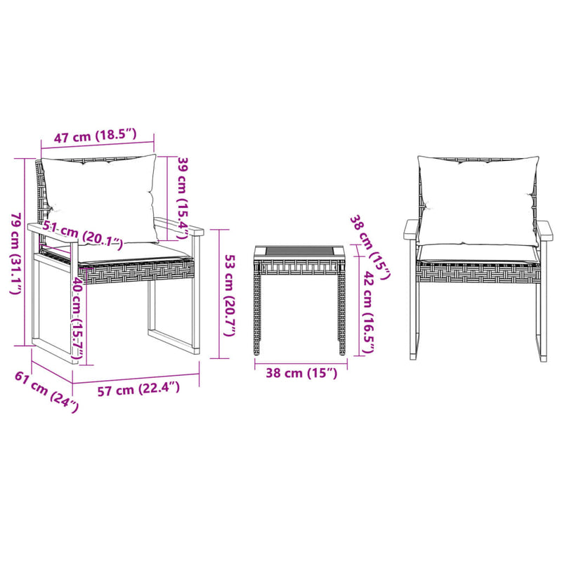 3 Piece Bistro Set with Cushions Black Poly Rattan Acacia Wood Payday Deals