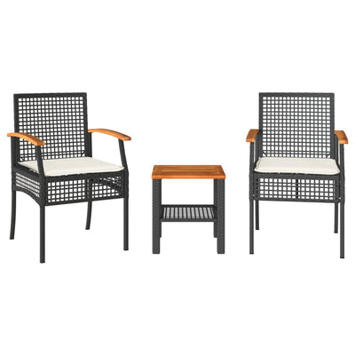 3 Piece Bistro Set with Cushions Black Poly Rattan Acacia Wood Payday Deals