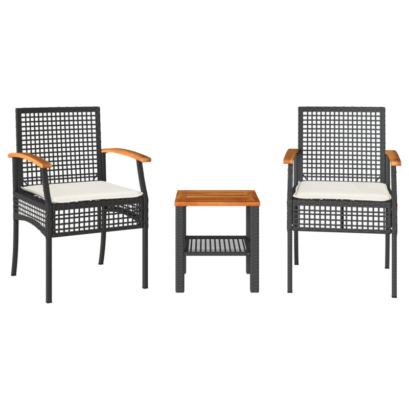 3 Piece Bistro Set with Cushions Black Poly Rattan Acacia Wood Payday Deals