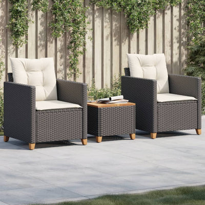 3 Piece Bistro Set with Cushions Black Poly Rattan Acacia Wood