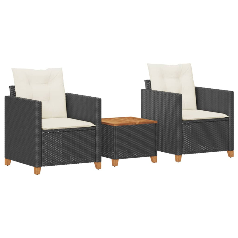 3 Piece Bistro Set with Cushions Black Poly Rattan Acacia Wood Payday Deals