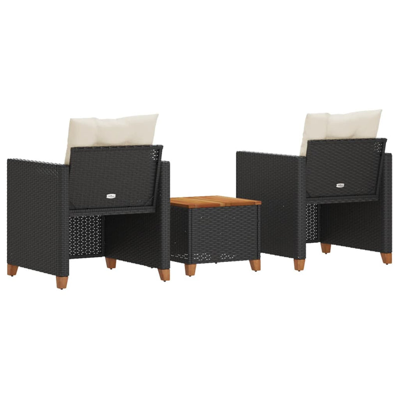 3 Piece Bistro Set with Cushions Black Poly Rattan Acacia Wood Payday Deals