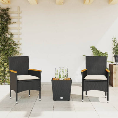 3 Piece Bistro Set with Cushions Black Poly Rattan and Glass