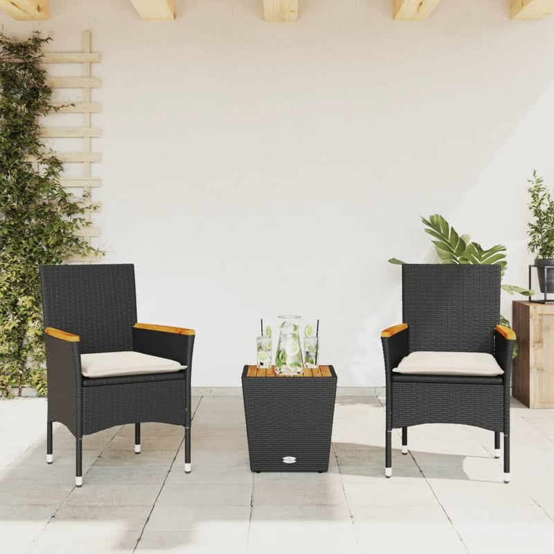 3 Piece Bistro Set with Cushions Black Poly Rattan and Glass Payday Deals