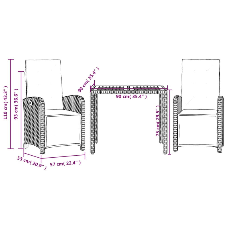 3 Piece Bistro Set with Cushions Grey Poly Rattan Payday Deals