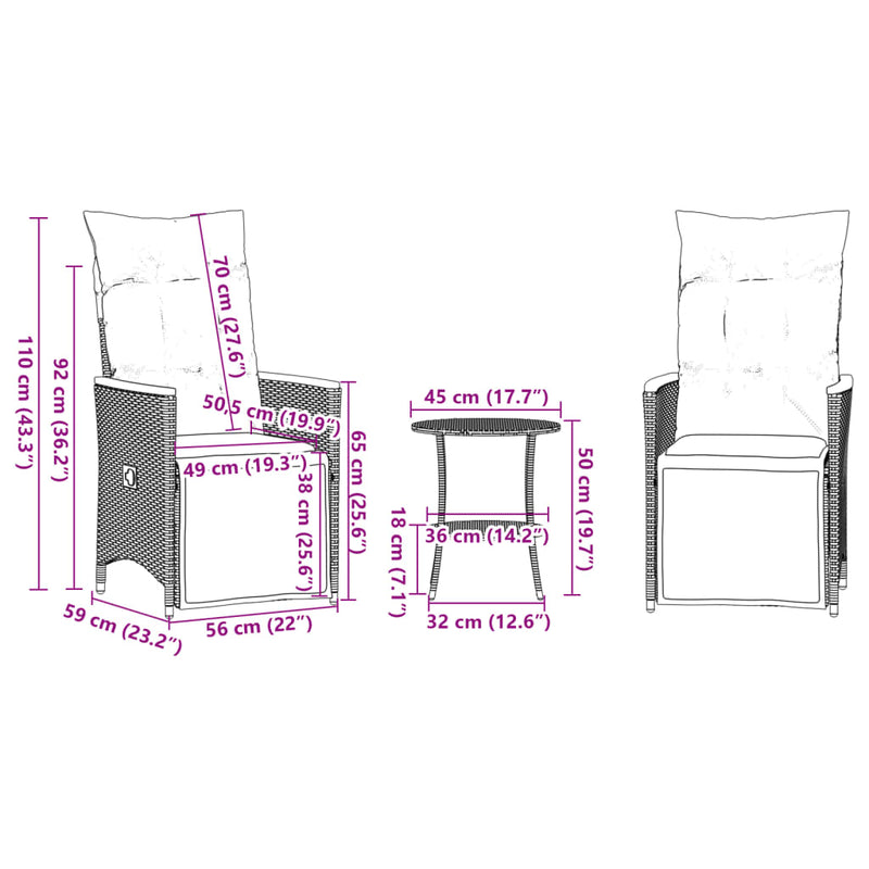 3 Piece Bistro Set with Cushions Grey Poly Rattan Payday Deals