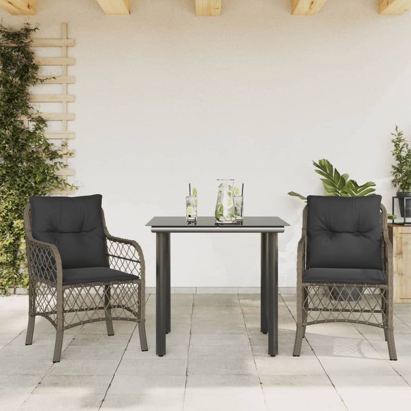 3 Piece Bistro Set with Cushions Grey Poly Rattan Payday Deals