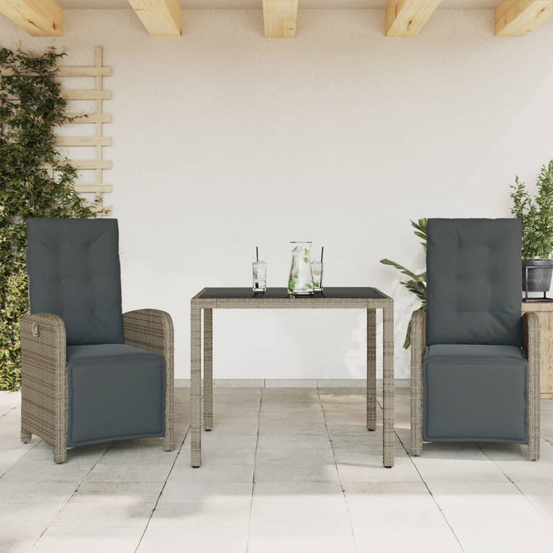 3 Piece Bistro Set with Cushions Grey Poly Rattan Payday Deals