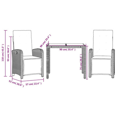 3 Piece Bistro Set with Cushions Grey Poly Rattan Payday Deals