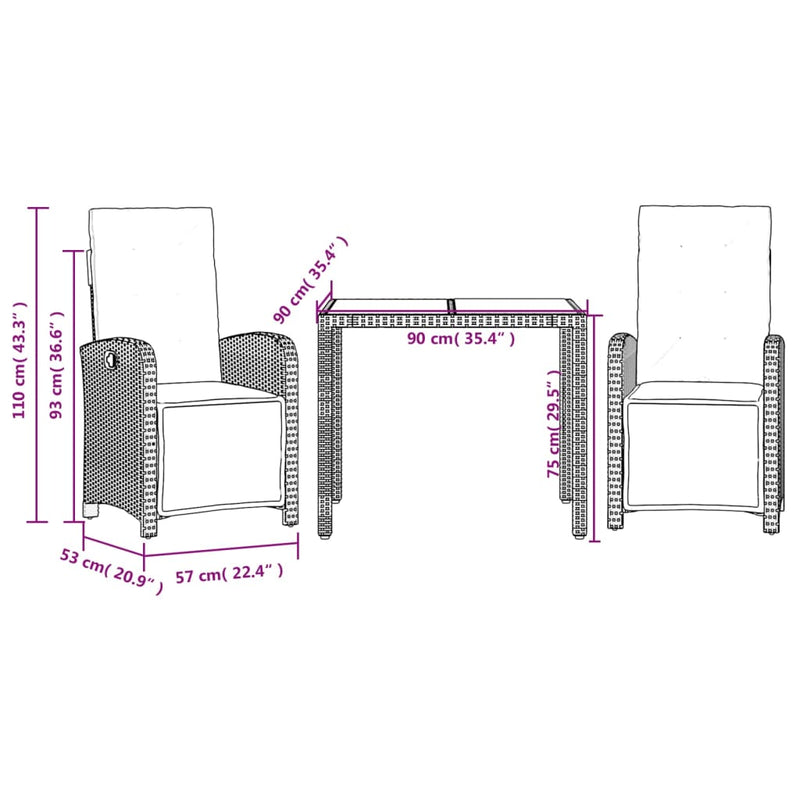 3 Piece Bistro Set with Cushions Grey Poly Rattan Payday Deals